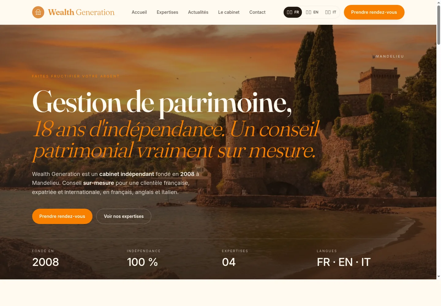 Capture réelle du site Wealth Generation, conseil en gestion de patrimoine
