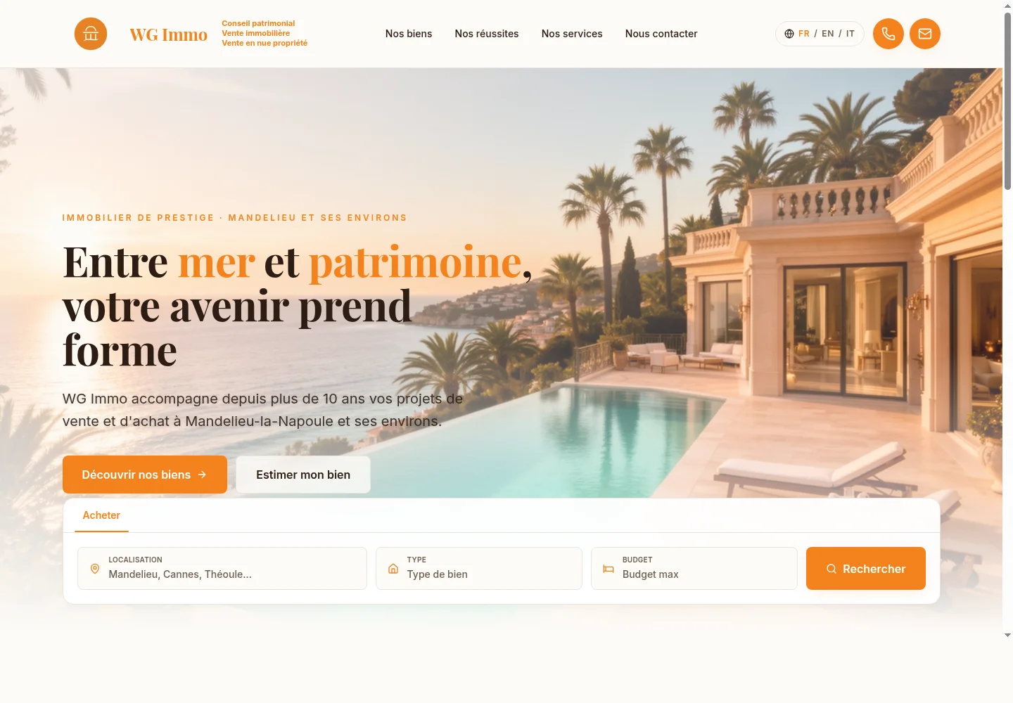 Capture réelle du site WG Immo, immobilier de prestige